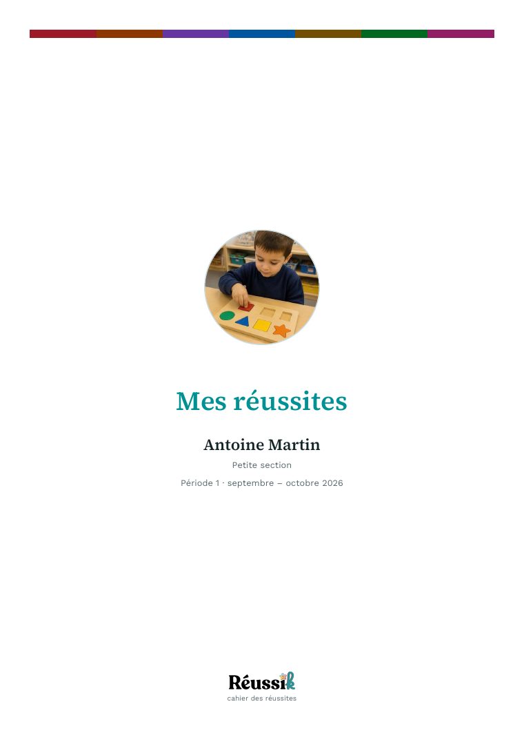 Couverture du cahier : « Mes réussites », le portrait de l'enfant, son nom, sa
                    section et la période couverte.