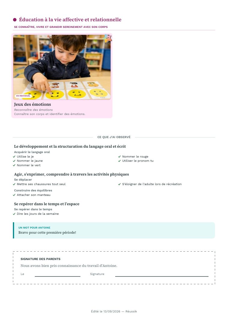 Dernière page du cahier : un travail marqué d'une étoile, les observations de
                    l'enseignant rangées par domaine, le mot adressé à l'enfant, puis la ligne de
                    signature des parents.
